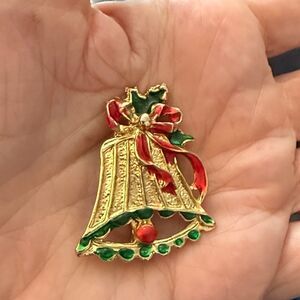 Christmas Bell Gold Tone Vintage Brooch with Red & Green Enamel.